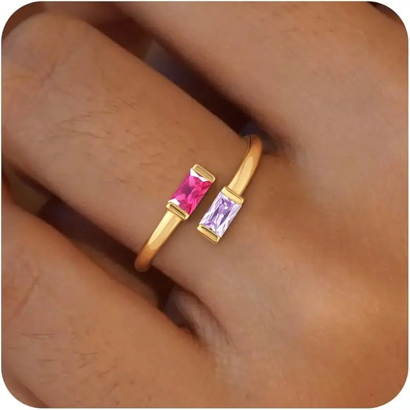 14K Gold Plated Adjustable Emerald Birthstone Ring｜Personalized Double Birthstone Ring