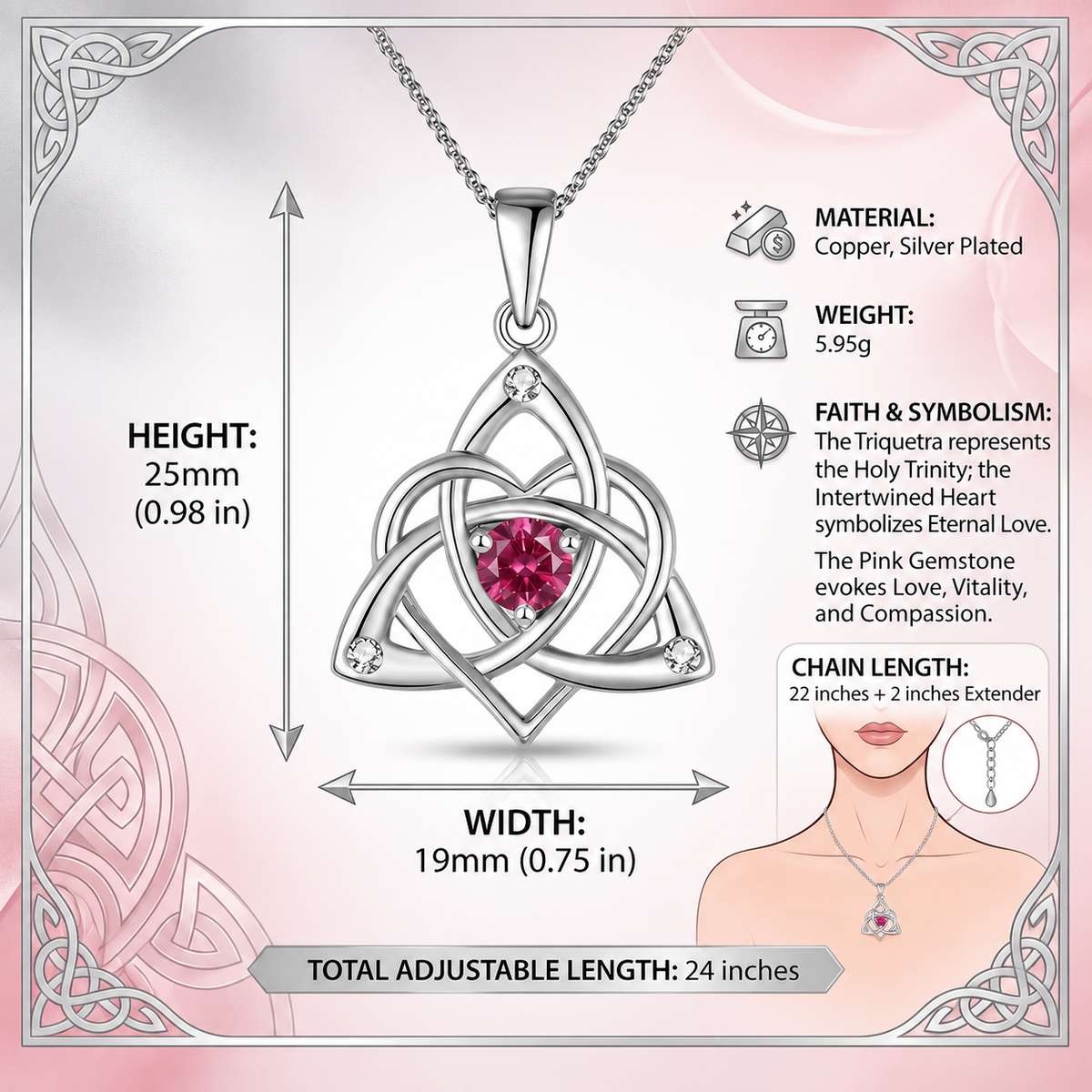 Celtic Birthstone Necklace for Women, Silver Plated Copper Triquetra Celtic Knot Heart Pendant with 12 Birthstone Options
