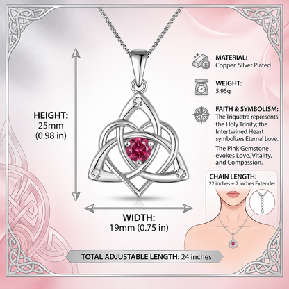 Celtic Birthstone Necklace for Women, Silver Plated Copper Triquetra Celtic Knot Heart Pendant with 12 Birthstone Options