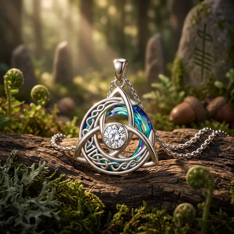 Celtic Birthstone Necklace – Trinity Knot Crescent Moon Pendant for Women