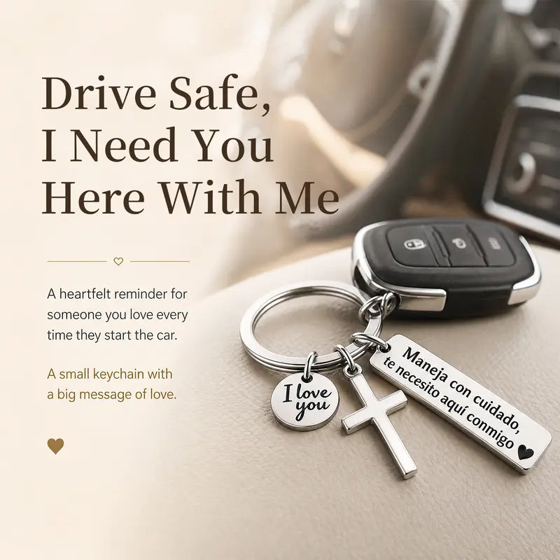 “Maneja Con Cuidado” Drive Safe Keychain with Cross & Love Charm
