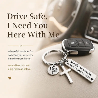 “Maneja Con Cuidado” Drive Safe Keychain with Cross & Love Charm