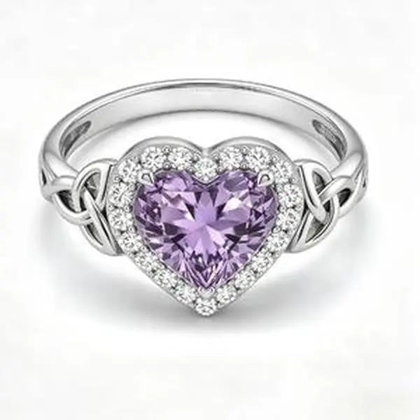 925 Sterling Silver Heartcut Amethyst Gem Encrusted Ring