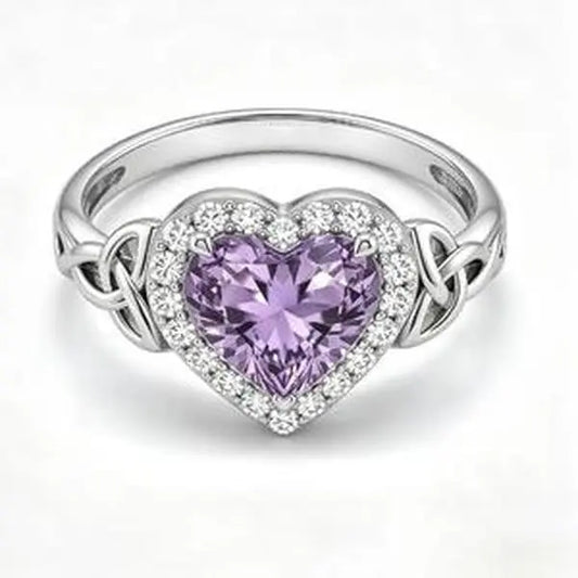 925 Sterling Silver Heartcut Amethyst Gem Encrusted Ring