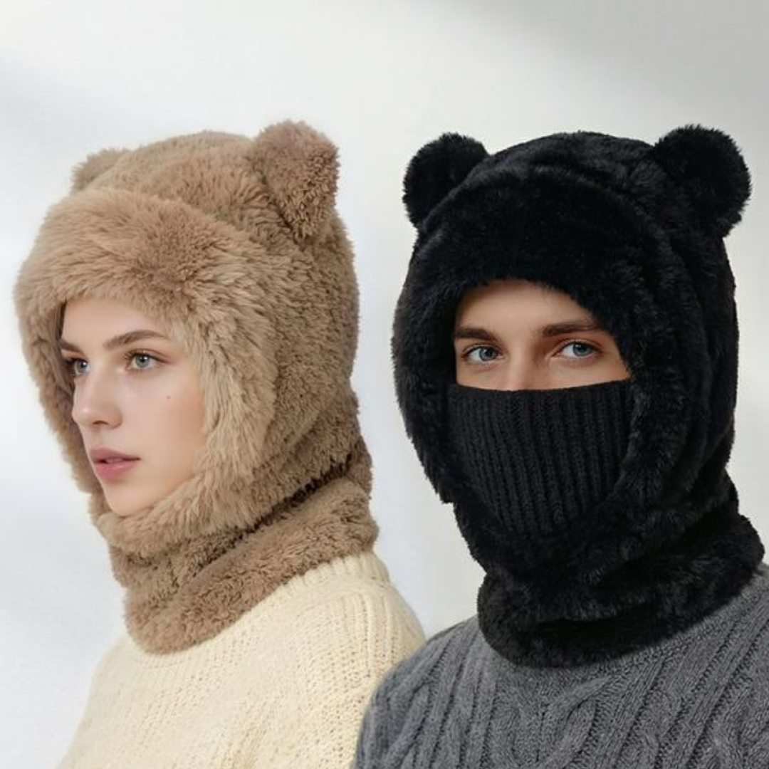 Plush Bear Ear Winter Hood – Warm Windproof Balaclava