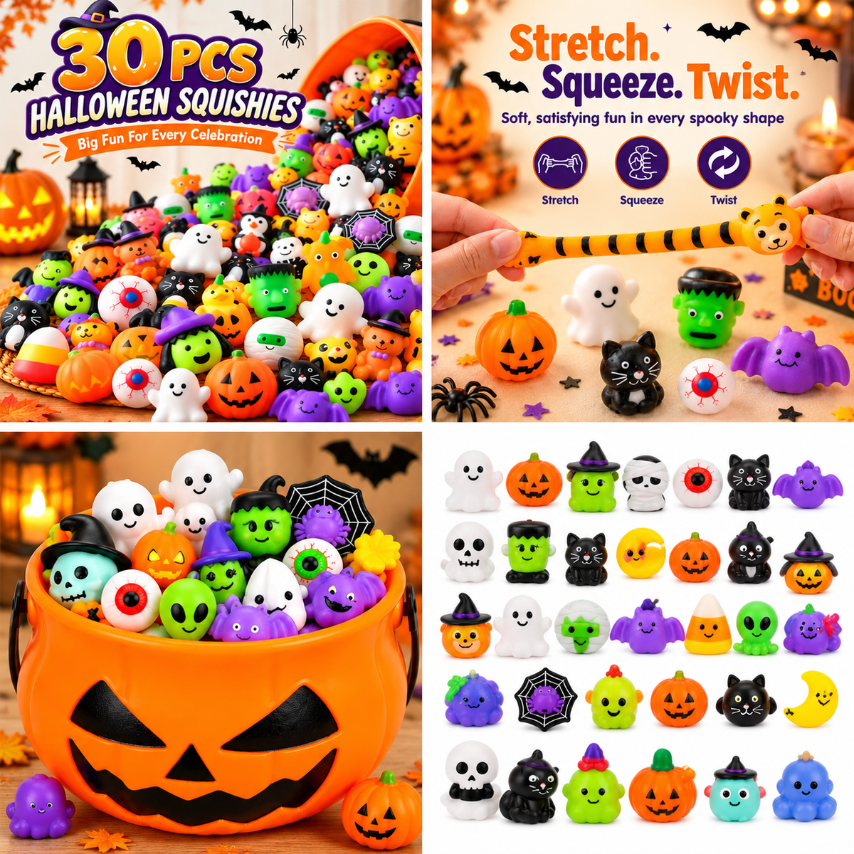 🎃 30/50PCS Halloween Mochi Squishy Toys – Cute Sensory Party Favors & Goodie Bag Fillers