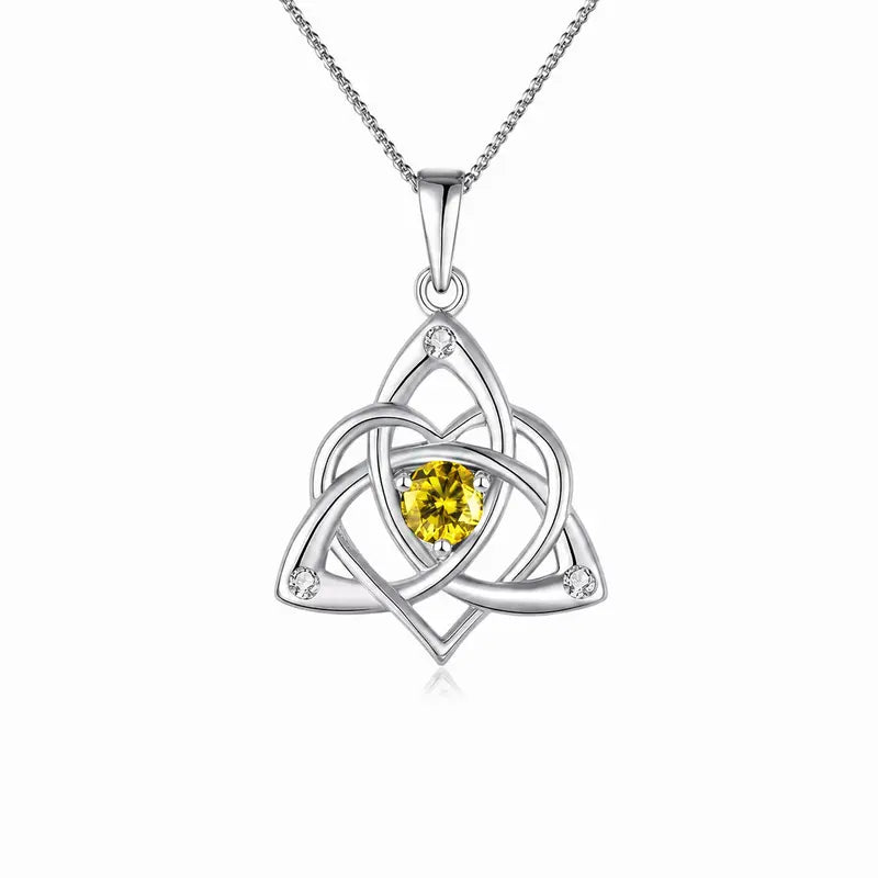Celtic Birthstone Necklace for Women, Silver Plated Copper Triquetra Celtic Knot Heart Pendant with 12 Birthstone Options