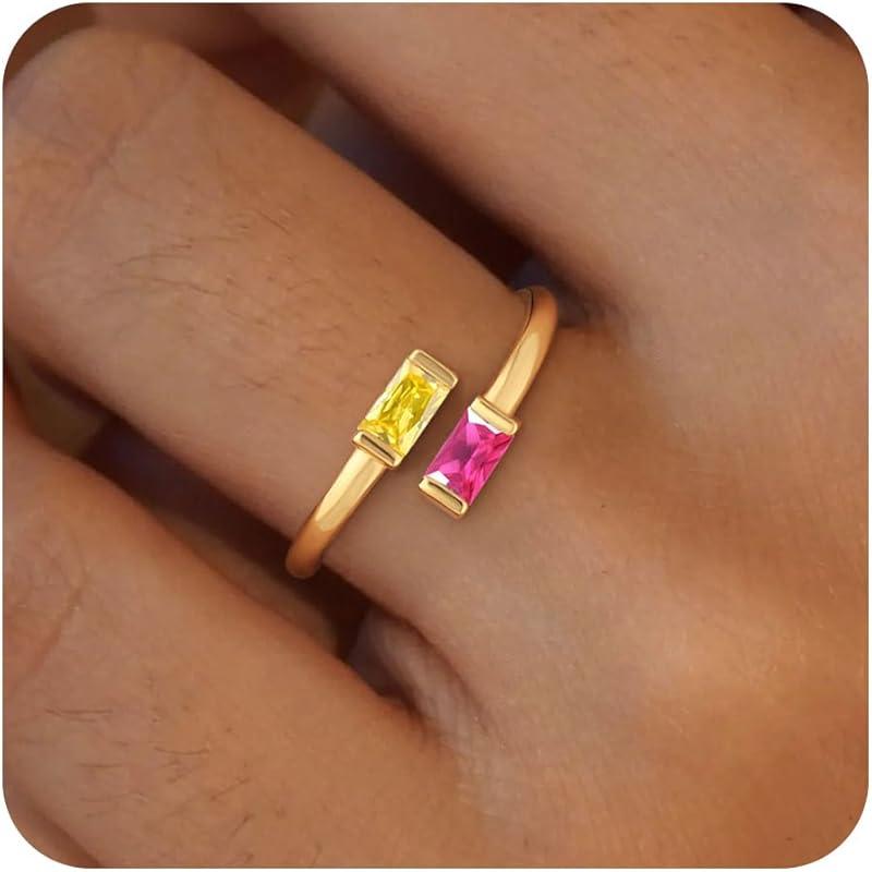 14K Gold Plated Adjustable Emerald Birthstone Ring｜Personalized Double Birthstone Ring