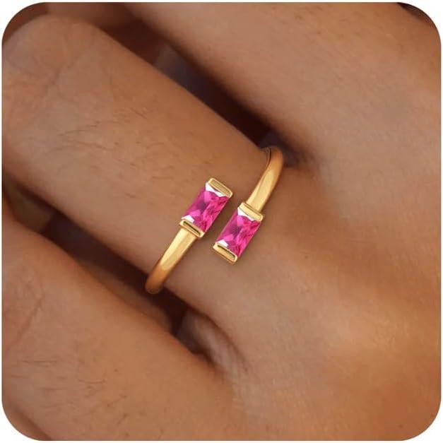 14K Gold Plated Adjustable Emerald Birthstone Ring｜Personalized Double Birthstone Ring