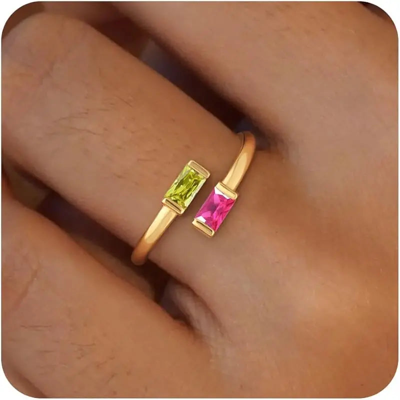14K Gold Plated Adjustable Emerald Birthstone Ring｜Personalized Double Birthstone Ring