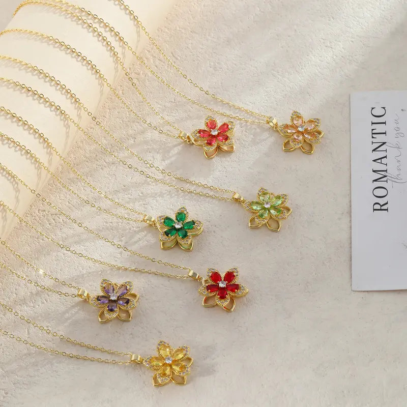 Rotating Birthstone Flower Necklace
