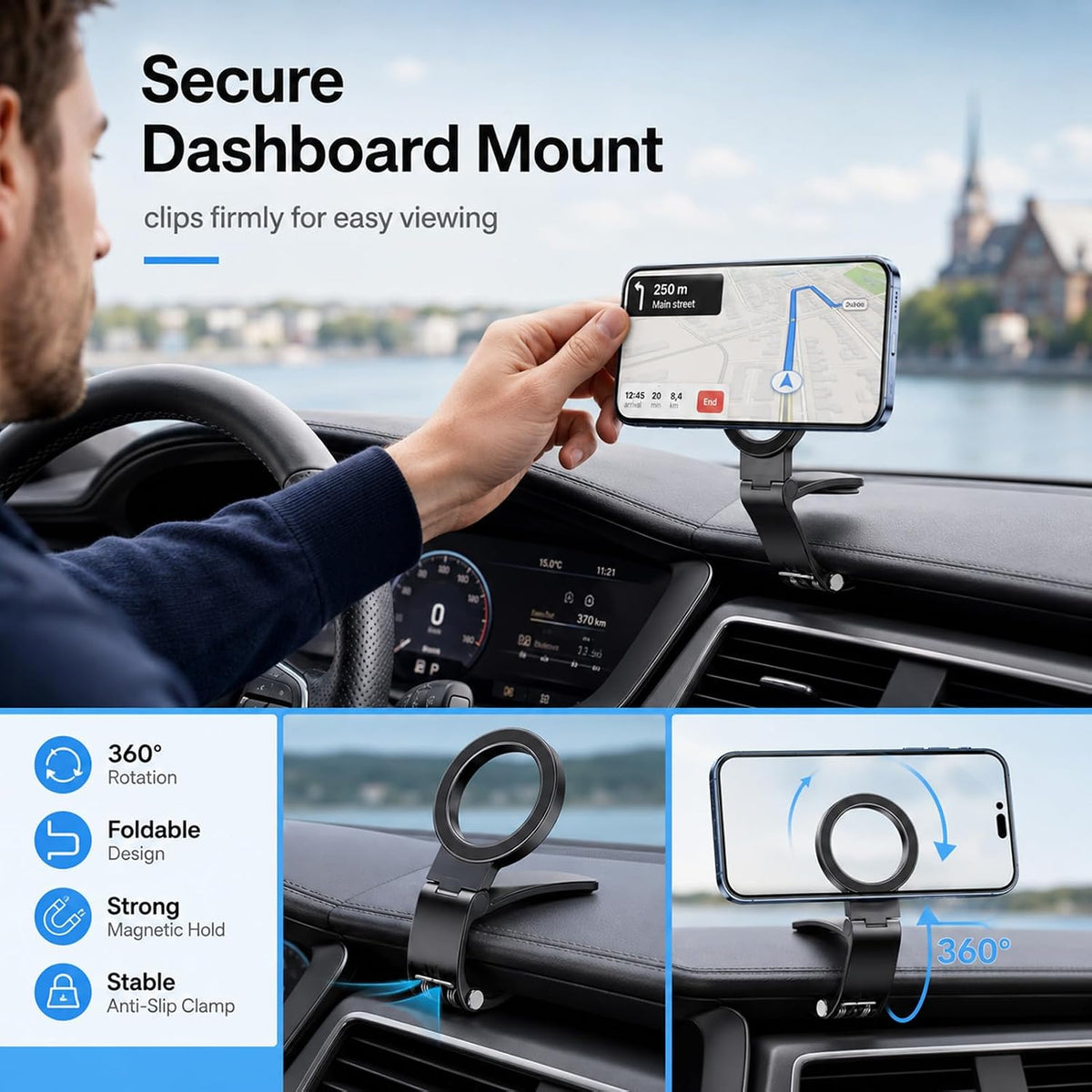Magnetic Car Phone Holder | Dashboard & Sun Visor Foldable Mount