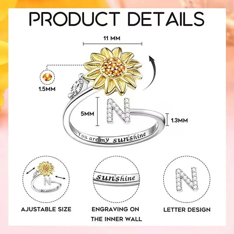 You Are My Sunshine Spinner Ring – Floral Gemstone A-Z Initial Ring