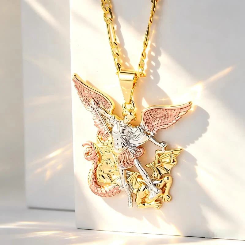 Tri-Tone Angel Guardian Pendant Necklace – Elegant & symbolic