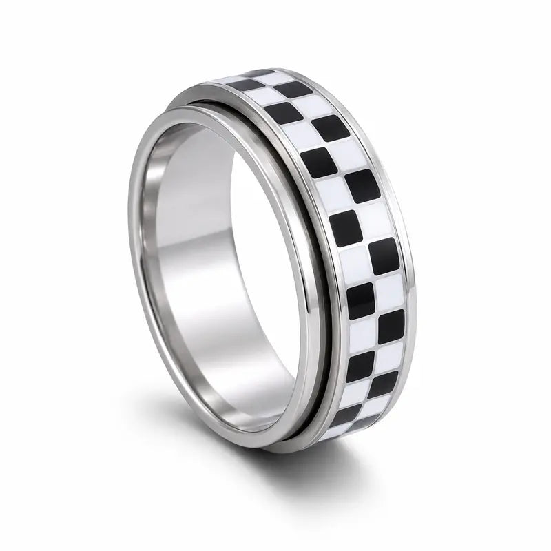 Checkered Spinner Ring – Stainless Steel Fidget Band