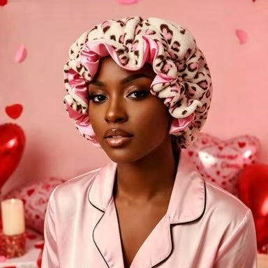 Women’s Plush Leopard Satin Double-Layer Sleeping Bonnet