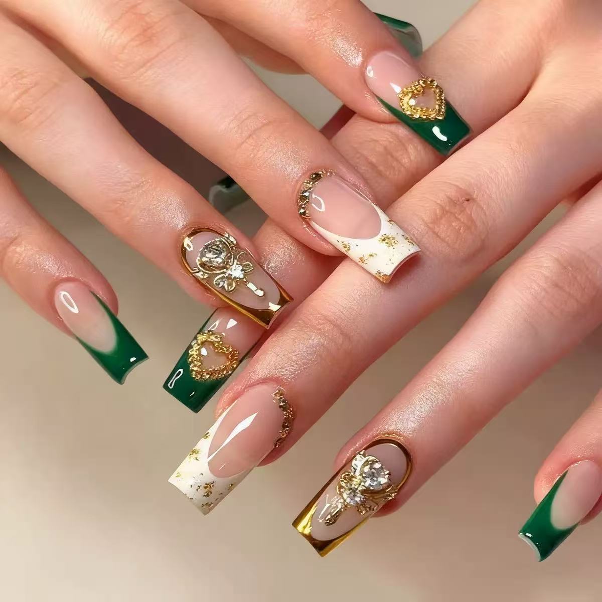 24pcs Press On Nails – 6 Styles French Tip Floral & Chrome