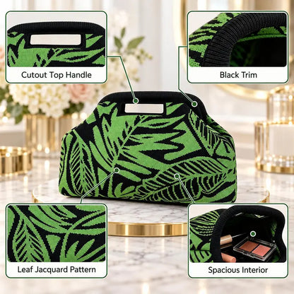 Women’s Green Leaf Knitted Large Capacity Makeup Bag
