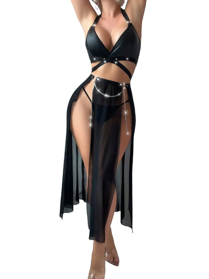 Slim Intimates Black Rhinestone Halter Sheer Lingerie Set