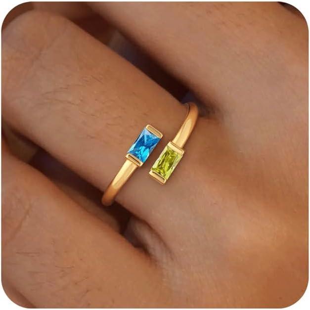 14K Gold Plated Adjustable Emerald Birthstone Ring｜Personalized Double Birthstone Ring