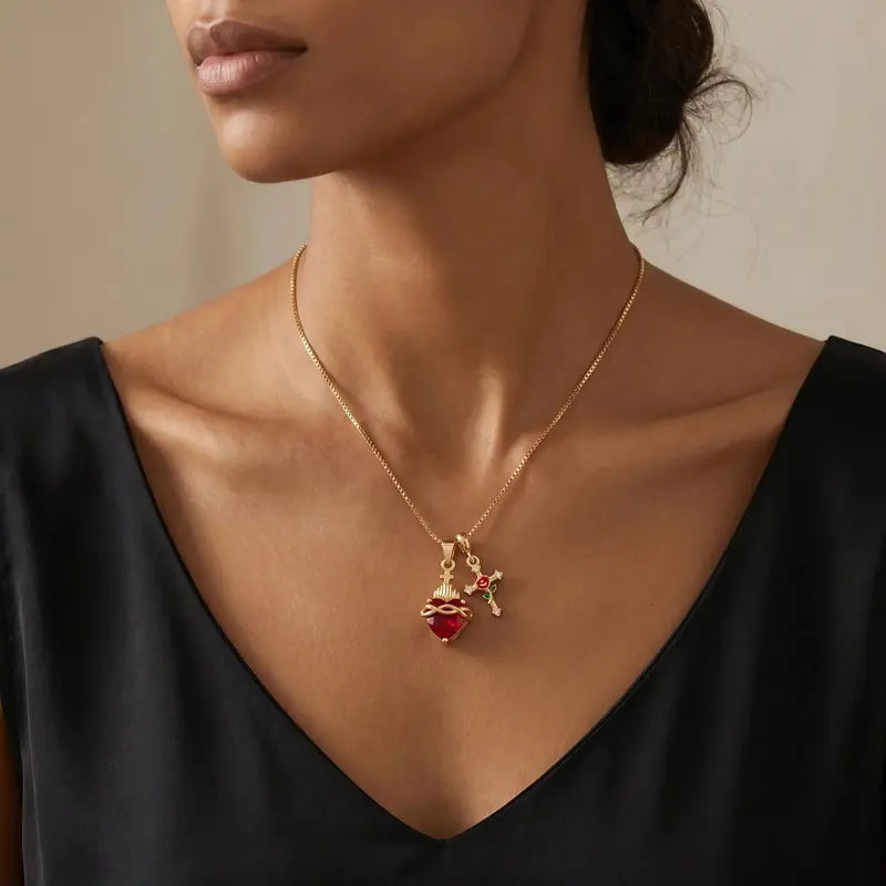 Sacred Heart Red Crystal Necklace