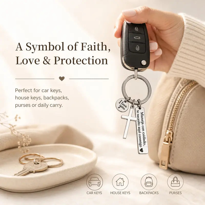 “Maneja Con Cuidado” Drive Safe Keychain with Cross & Love Charm