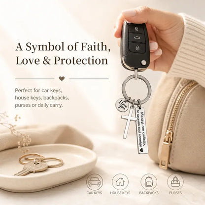 “Maneja Con Cuidado” Drive Safe Keychain with Cross & Love Charm