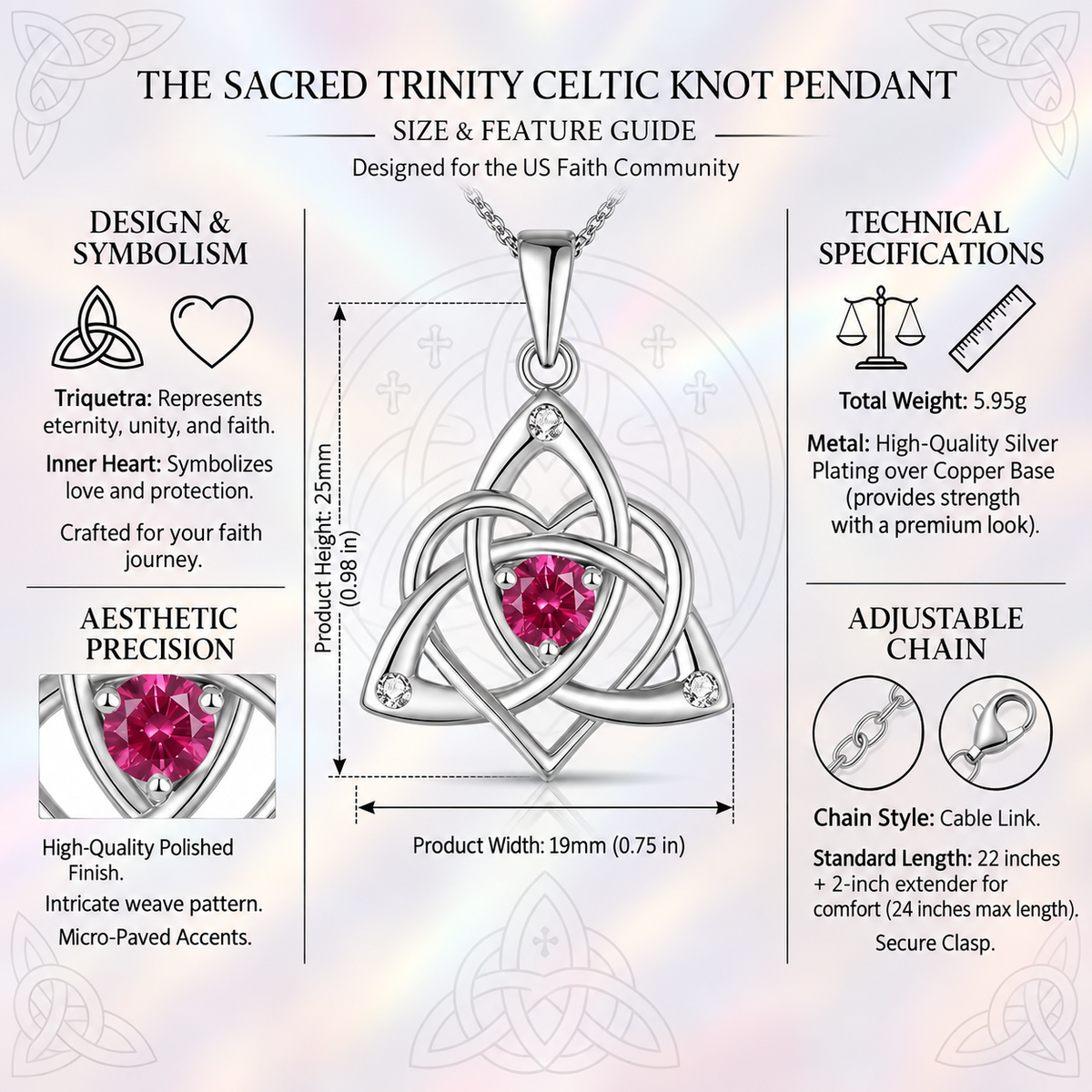 Celtic Birthstone Necklace for Women, Silver Plated Copper Triquetra Celtic Knot Heart Pendant with 12 Birthstone Options