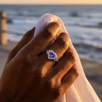 925 Sterling Silver Heartcut Amethyst Gem Encrusted Ring