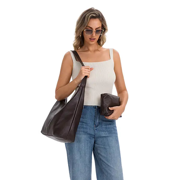 Vegan Leather Shoulder Bag with Cosmetic Pouch – Convertible Crossbody Tote