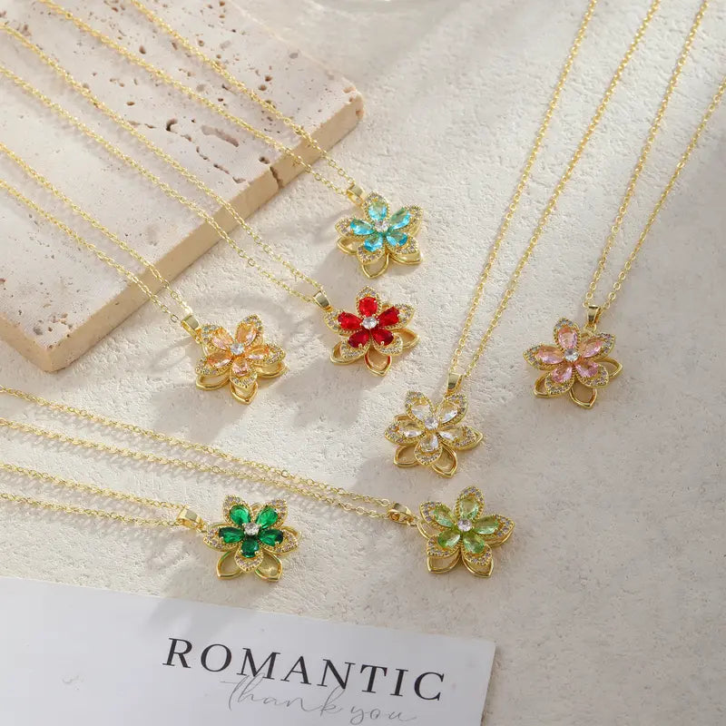 Rotating Birthstone Flower Necklace