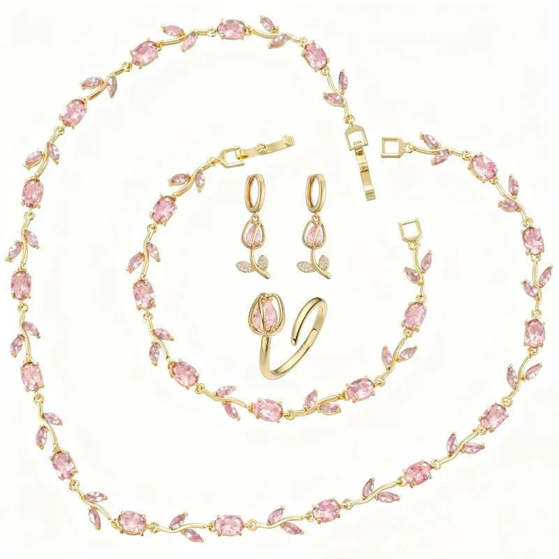 Pink crystal tulip necklace bracelet earrings and ring set