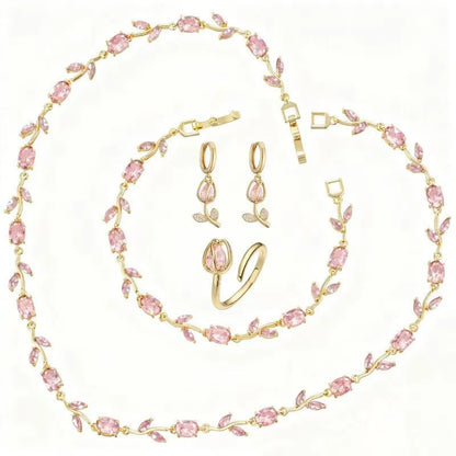 🎄 Christmas Gift Pick 🌷 Crystal-Embellished Leaf & Tulip Jewelry Set – Elegant Floral Design ✨