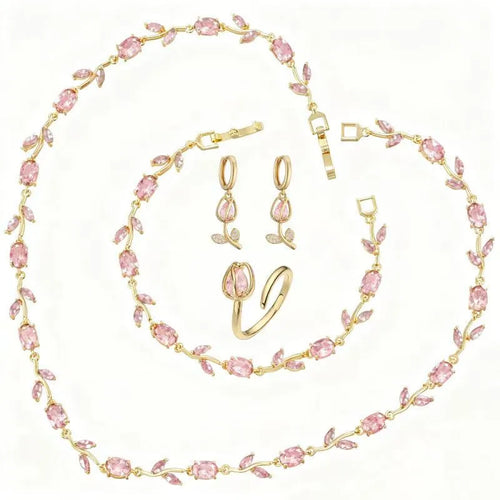 🎄 Christmas Gift Pick 🌷 Crystal-Embellished Leaf & Tulip Jewelry Set – Elegant Floral Design ✨
