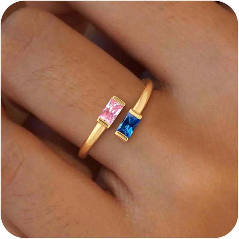 14K Gold Plated Adjustable Emerald Birthstone Ring｜Personalized Double Birthstone Ring