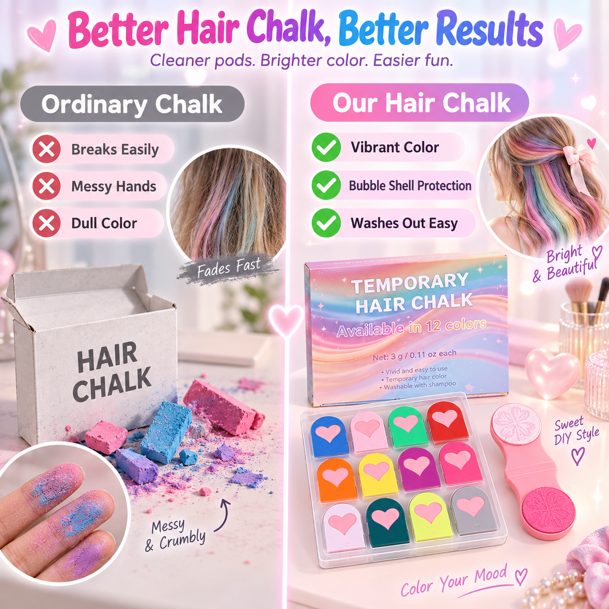 Rainbow Hair Chalk Comb Set – 12 Washable Colors