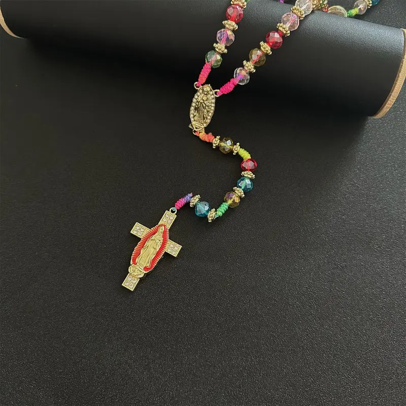 Handmade Rosary Necklace with Green Crystal Beads, Saint Jude & Virgin Mary Medals, Trendy Cross Pendant Jewelry for Men & Women, Trendy Necklace, Cross Necklace, Jewelry For Women, Religious Cross Necklaces