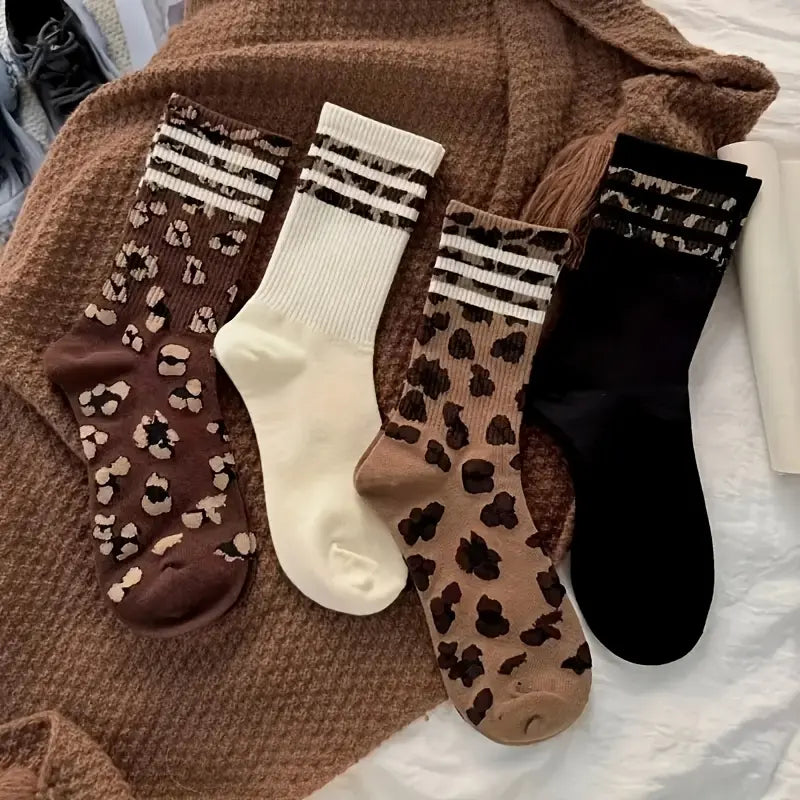 8 Pairs Retro Leopard Striped Socks