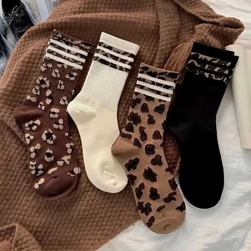 8 Pairs Retro Leopard Striped Socks