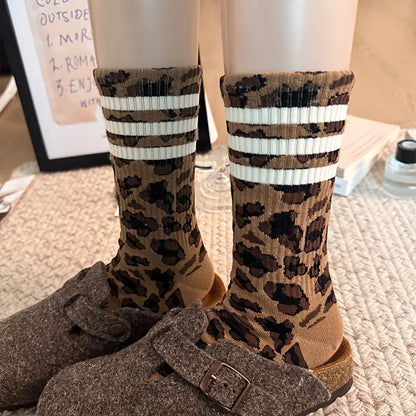 8 Pairs Retro Leopard Striped Socks