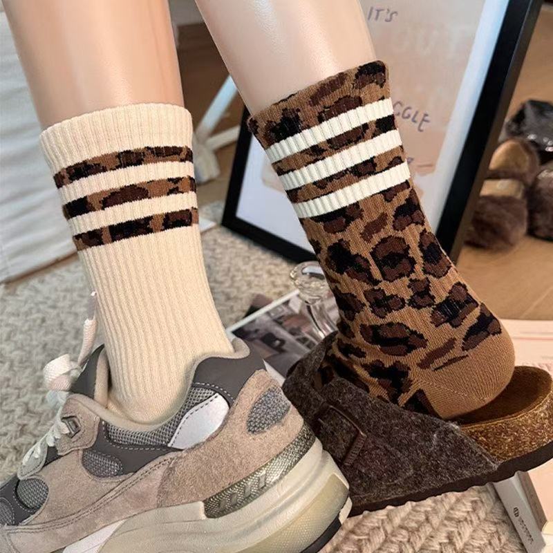 8 Pairs Retro Leopard Striped Socks