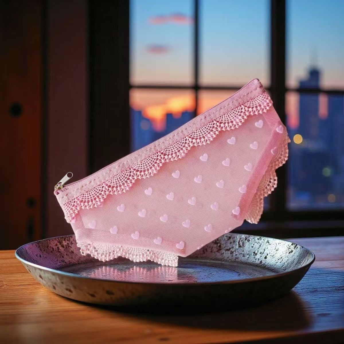 Y2K Lace Heart Panties-Shaped Mesh Cosmetic Bag