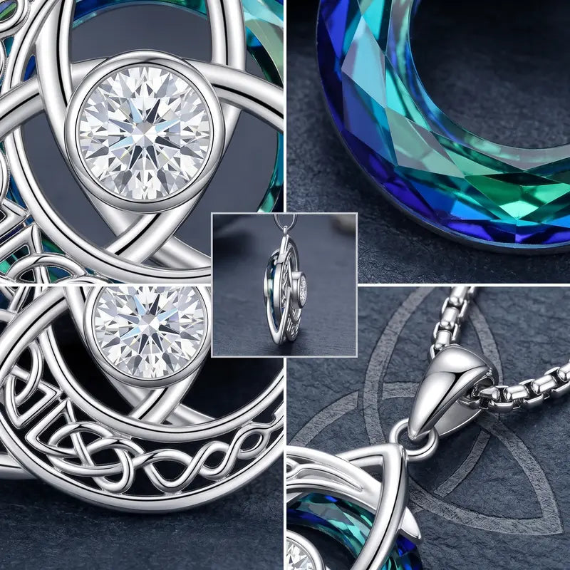 Celtic Birthstone Necklace – Trinity Knot Crescent Moon Pendant for Women