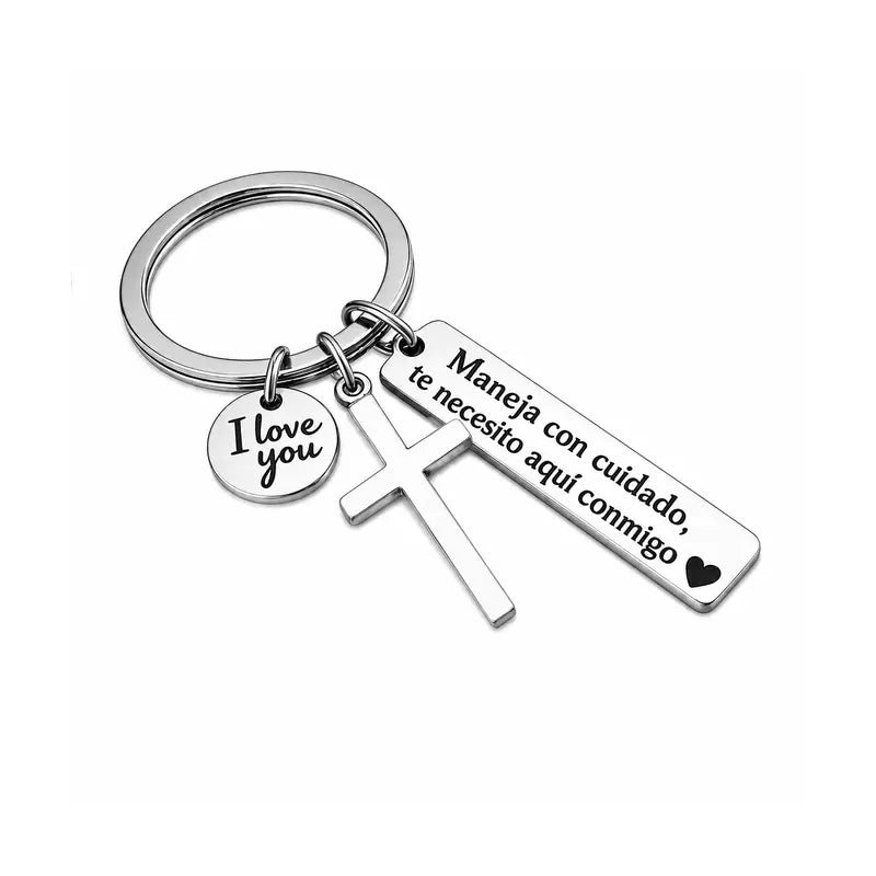 “Maneja Con Cuidado” Drive Safe Keychain with Cross & Love Charm