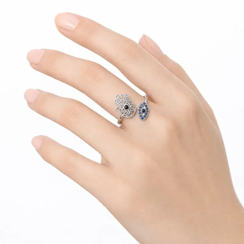 Adjustable Hamsa Evil Eye Ring