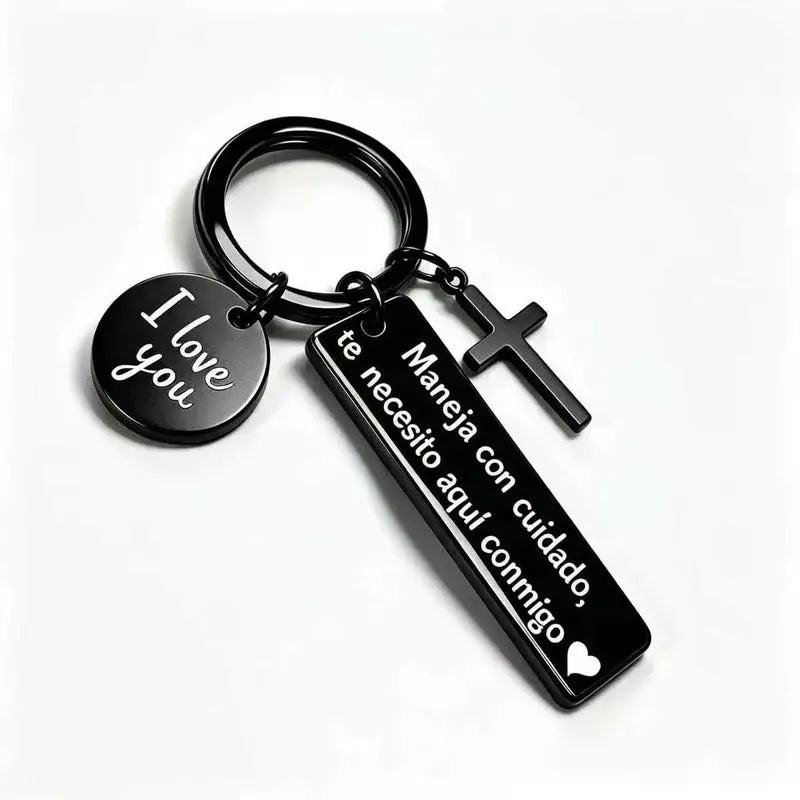 “Maneja Con Cuidado” Drive Safe Keychain with Cross & Love Charm