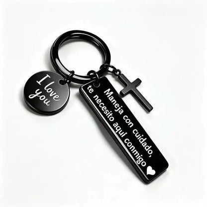 “Maneja Con Cuidado” Drive Safe Keychain with Cross & Love Charm