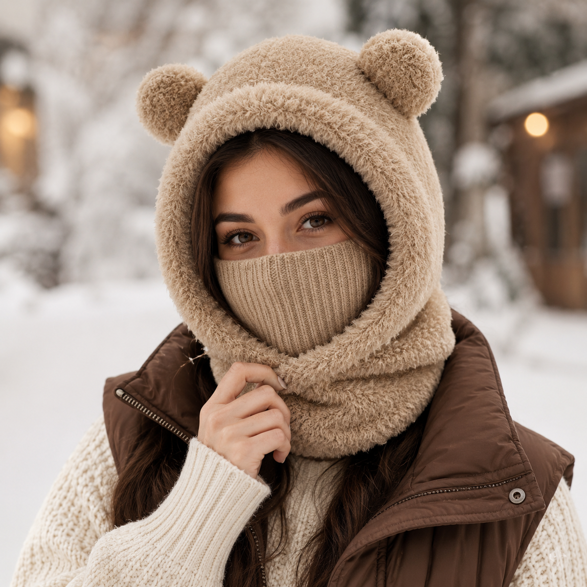 Plush Bear Ear Winter Hood – Warm Windproof Balaclava