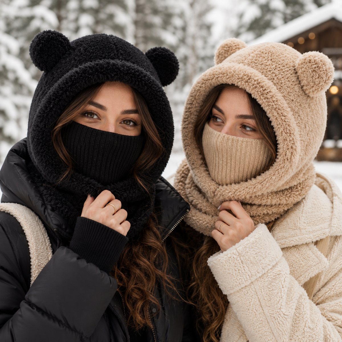 Plush Bear Ear Winter Hood – Warm Windproof Balaclava