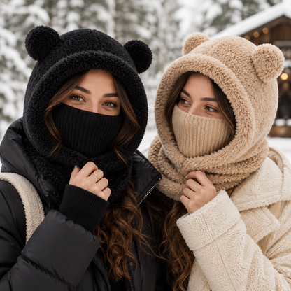 Plush Bear Ear Winter Hood – Warm Windproof Balaclava